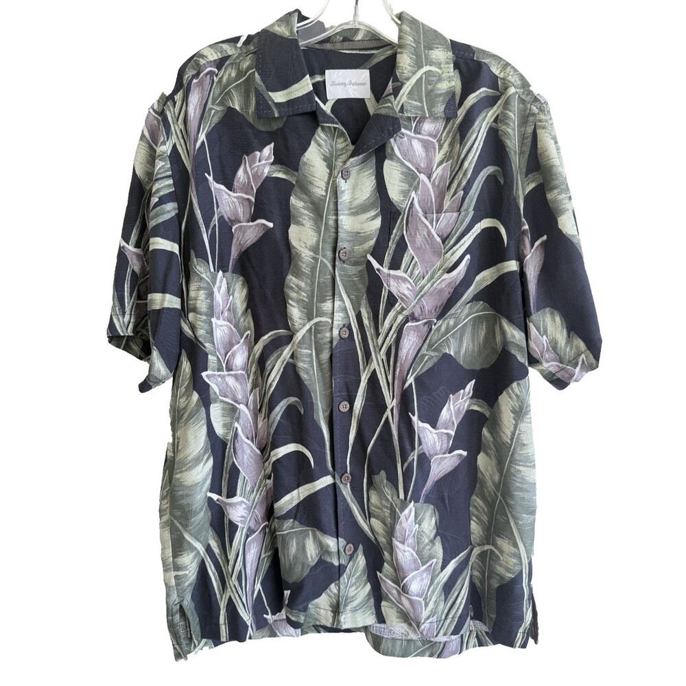 TOMMY BAHAMA Mens Aloha Shirt Black Hawaiian Floral 100% Silk Size S